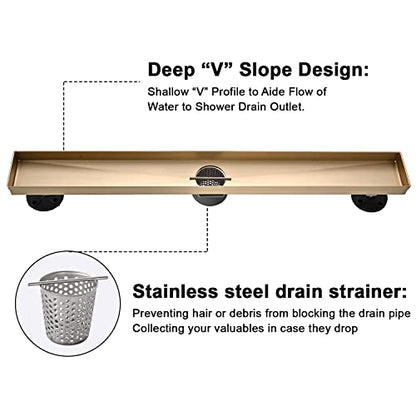 AVSIILE Linear Shower Floor Drain, Brushed Gold 30 Inch 304 Stainless Steel Bathroom Drains Kit, Rectangular Shower Trench Drain with Reversable Tile-in Pattern Drain Cover & Hair Catcher - color: Brushed Gold, size: 30 Inch