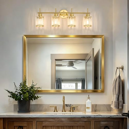 Brushed Gold Bathroom Light Fixtures, Round, 3-Light | Vanity Lights with Crystal Shades, Modern Bathroom Lighting Fixtures over Mirror (Bulbs Not Included, E26) - color: Brushed Gold (Round), size: 4-Light