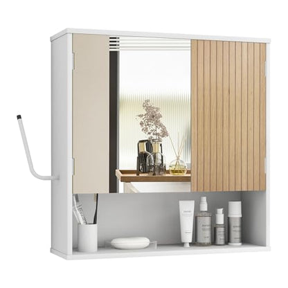 Bathroom Cabinet with Mirror & LED, Wall Mounted Bathroom Cabinet,Side Hook | Magnetic mirror Door,Detachable magnetic Light ,Adjustable Shelves,Side Hook,Open Bottom Shelf,Wood Grain,Over Toilet Mount - color: White&wood