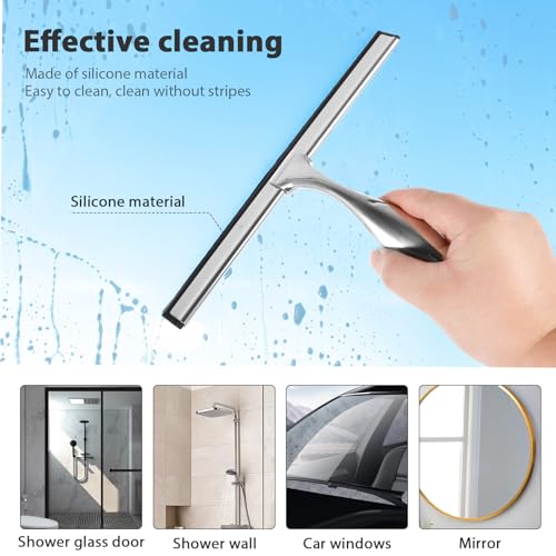 Shower Squeegee with Hook Holder, Easy to Install, Stainless Steel Bath Squeegee, Efficient Bathroom Household Cleaner Tool, Silver Shower Squeegee, Lightweight Bath Squeegee for Windows