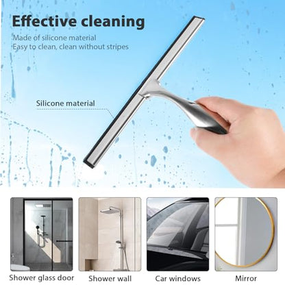 Shower Squeegee with Hook Holder, Easy to Install, Stainless Steel Bath Squeegee, Efficient Bathroom Household Cleaner Tool, Silver Shower Squeegee, Lightweight Bath Squeegee for Windows