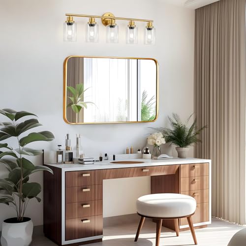 5-Light Bathroom Vanity Lights, E26 Modern Brushed Gold Bathroom Light Fixtures with Clear Glass Shade, Mirror Kitchen Hallway Cabinet Living Room Sconces Wall Lights - color: Gold & Clear Glass Shade, size: 31.4 Inch : 5-Light