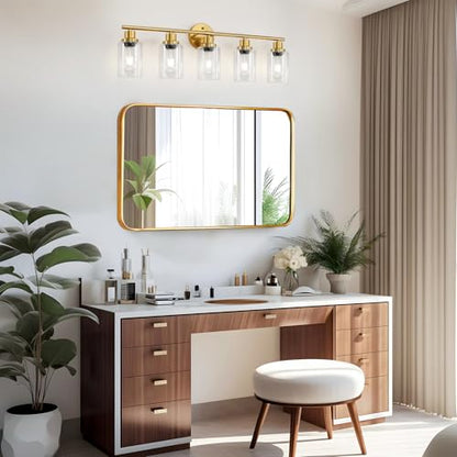 5-Light Bathroom Vanity Lights, E26 Modern Brushed Gold Bathroom Light Fixtures with Clear Glass Shade, Mirror Kitchen Hallway Cabinet Living Room Sconces Wall Lights - color: Gold & Clear Glass Shade, size: 31.4 Inch : 5-Light