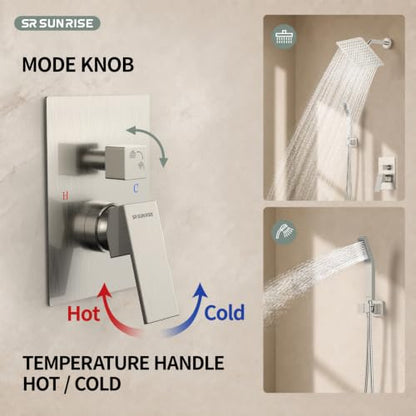 SR SUN RISE Shower Faucet Set - Shower Valve with 8 Inch Rainfall Shower Head and Handheld Shower - Wall Mounted Shower System with Rough In Valve and Shower Faucet Trim Repair Kits - Brushed Nickel - color: Brushed Nickel, size: 8 Inch