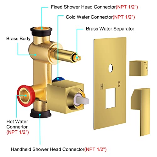 JOMEOO® 12 Inch Brushed Gold Shower System, Wall Mounted High Pressure Rain Shower Head with Handheld Sprayer, Bathroom Luxury Gold Shower Head Shower Faucet Set Rough in Valve Body and Trim - color: Brushed Gold