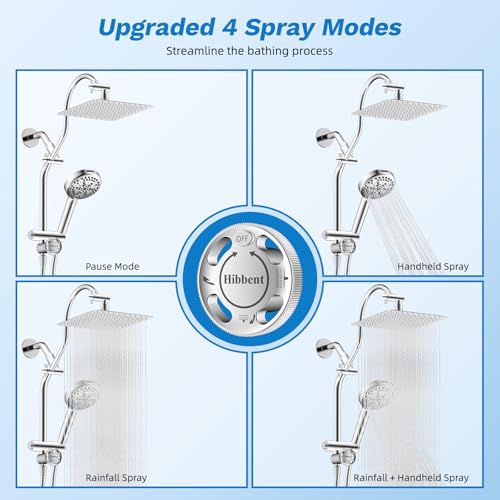 Hibbent High Pressue All Metal 10" Rainfall Shower Head, Handheld 10-Spray | cUPC Certified Chrome Dual Showerhead Combo, 4-way Diverter with Pause Mode, Brass Extension Arm, 71'' Shower Hose & Holder - color: Chrome, style: Square 10"