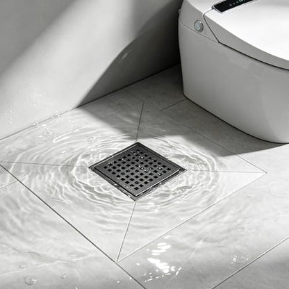 Square Shower Floor Drain, Matte Black Finish, Grid Pattern Strainer Cover (Black, Grate) - color: Black