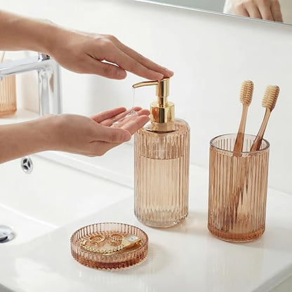 3 Pcs Brown Bathroom Accessories Set, Glass Bathroom Set, Soap Dispenser, Toothbrush Holder, Jewelry Tray, Crystal Modern Bathroom Decor, Housewarming Gift Set - style: 3 pcs Brown