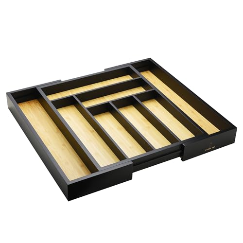 Bamboo drawer organizer, utensil holder, silverware organizer, and adjustable cutlery tray with drawer dividers, for kitchen, office desk, and bathroom storage (Black) - color: Black
