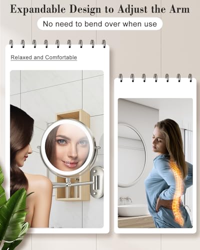 20X 9" Wall Mounted Magnifying Makeup Mirror with Light Height Adjustable | 5000mAh Double Sided Rechargeable LED Lighted Vanity Mirror with Magnification 3 Color Light up Extended Arm 360 Rotation - color: 9inches-brushed Nickel
