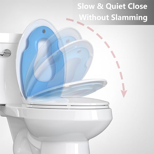 19" Elongated Toddler Toilet Seat, Built-In Potty Training Seat with Soft Quiet Close Non-Slip Design, Magnetic Kids Seat and Cover for Family Bathrooms, Durable and Easy to Clean,Blue - color: Blue, with Toddler Seat, size: Elongated (19″)