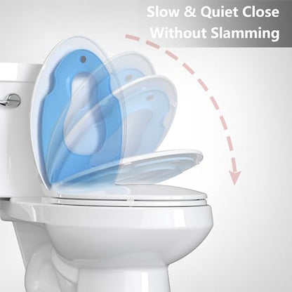 19" Elongated Toddler Toilet Seat, Built-In Potty Training Seat with Soft Quiet Close Non-Slip Design, Magnetic Kids Seat and Cover for Family Bathrooms, Durable and Easy to Clean,Blue - color: Blue, with Toddler Seat, size: Elongated (19″)