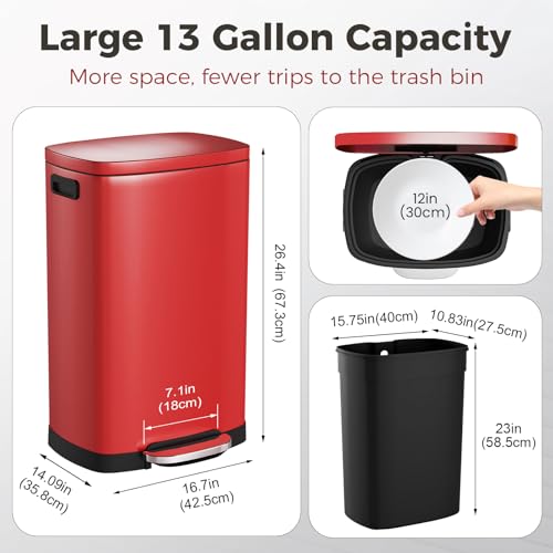 ELPHECO Kitchen Trash Can with Lid 13 Gal Stainless Steel Pedal Garbage Can | Soft Close Lid Pedal Heavy-Duty Fingerprint Proof Step Wastebasket with 20 Bags Removable Bucket, Home Office, Scarlet Red - color: Scarlet Red