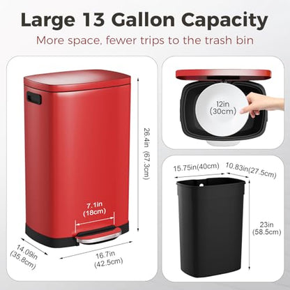 ELPHECO Kitchen Trash Can with Lid 13 Gal Stainless Steel Pedal Garbage Can | Soft Close Lid Pedal Heavy-Duty Fingerprint Proof Step Wastebasket with 20 Bags Removable Bucket, Home Office, Scarlet Red - color: Scarlet Red