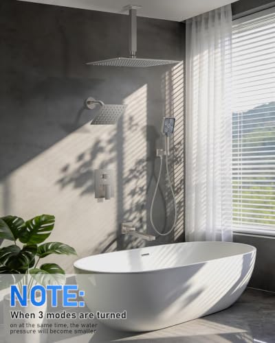 Woindo 4 Function Shower Faucet Set 12" Rain Shower Head/6'' Side Shower Head and 3 Setting Handheld Ceiling Mount Push Button Diverter Complete Rainfall Round Shower System Included Valve Trim Kit - color: Brushed Nickel, style: 4-Function-Ceiling