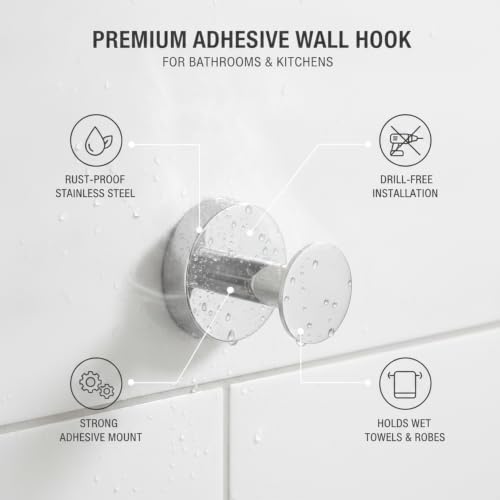 Wall Hook Stainless Steel Adhesive Mount for Bathroom Tile and Glass, Drill-Free Holder for Wet Towels and Robes (1 Piece) - size: 1.93 x 1.97 x 1.38 in