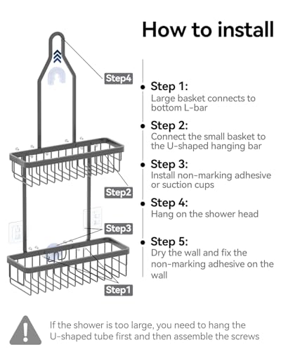Never Rust Shower Caddy Hanging, Aluminum Shower Racks for Inside Shower, 2-Tier Shower Organizer Hanging Over Shower Head with Hooks and Soap Holder, Grey - color: Grey