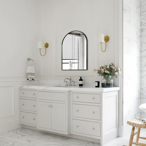 Black Arched Mirror 16x20in, Metal Framed Bathroom Vanity Wall | Tempered Glass, Shatter Proof, Living Room Bedroom Entryway, Modern Elegant Design - color: Black, size: 20"L x 16"W, style: Arched