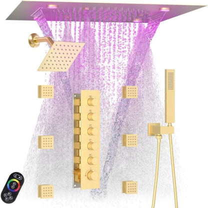 Enga Luxury Dual Shower Head System with Body Jets LED Thermostatic Shower System with 6 inch Wall Shower, 20-Inch 3 Function Shower Head (Rainfall & Mist & Waterfall), Brushed Gold - color: Brushed Gold, style: 20" Head (Rain + Mist+Waterfall) - 6" Head+
