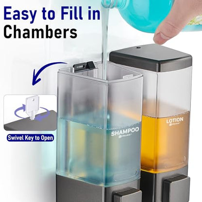 Pollock Shampoo and Conditioner Dispenser 2 Chamber * 500ML | Shower Soap Dispenser Wall Mounted, Body Wash Dispenser No Drill, Refillable Shower Dispenser for Bathroom - color: Blk-zt-53-gun2