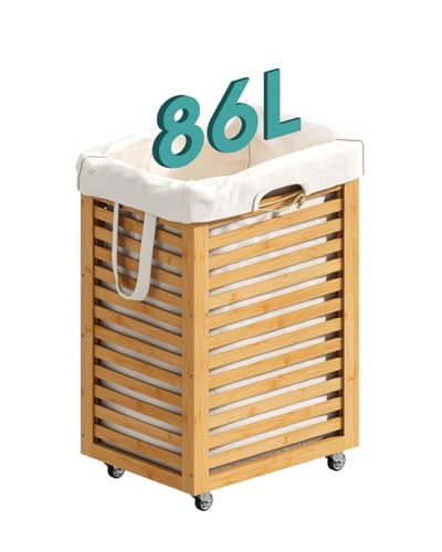 Laundry Hamper, 22.7 Gallon (86L) Bamboo Wood Clothes Laundry Basket with Wheels and Handles, Removable Liner - color: Natural