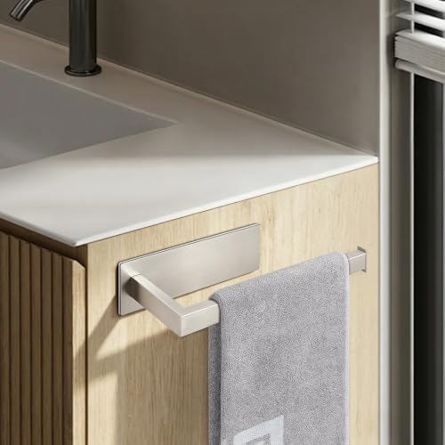 NearMoon Hand Towel Holder/Towel Ring Strong Hold Self Adhesive Bathroom Towel Bar, 9 Inch Thicken Stainless Steel Towel Rack- Sticky Towel Hanger, Contemporary Style No Drilling (Brushed Nickel)