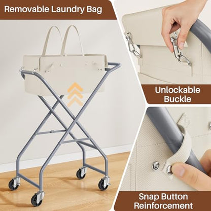 No-Bend Laundry Cart- Rolling Hamper with Locking Wheels & Handle, Foldable Basket Screw-Free Assembly, Durable Metal Frame & Removable Liner Bag for Bedroom & Bathroom (Beige) - color: Beige