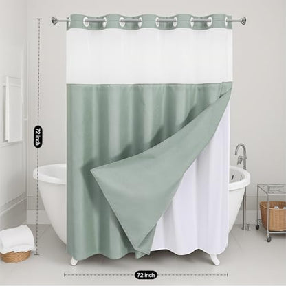 No Hooks Sage Boho Faux Linen Shower Curtain with Snap-in Liner Set, Textured Hotel Luxury Bathroom Curtain with See Through Top Window, Waterproof & Washable, 72x72 inches - color: Sage, size: 72"W x 72"L (Pack of 1), style: No Hooks