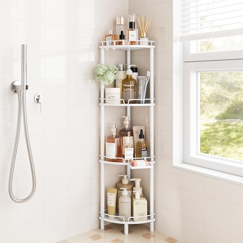 ELYKEN Corner Shower Caddy Standing, 4 Tier Metal Shower Organizer, White | Stainless Steel Shower Shelves with Soap Holder, Adjustable Feet & 2 Hooks for Storing Bath Essentials in Bathroom corner - color: White, size: 4 Tier