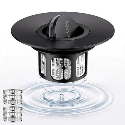 1.4"-2.6" Flip-Cover Bathtub Drain Stopper, 2 Strainers（1,Black） | Flush-fit tool-free drain hair catcher, no springs, rustproof. Press to seal/drain, stops puddles. Durable - color: Flip Black