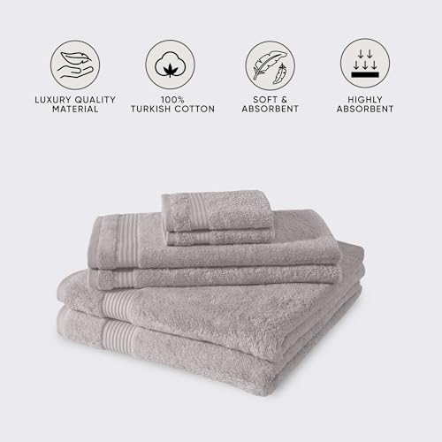 CTT - Luxury 6 Piece Towel Set, 100% Turkish Cotton, Quick Drying, Highly Absorbent & Comfy, Includes 2 Bath Towels, 2 Hand Towels & 2 Washcloths | (Light Grey) - color: Light Grey, size: 6-Piece Towel Set