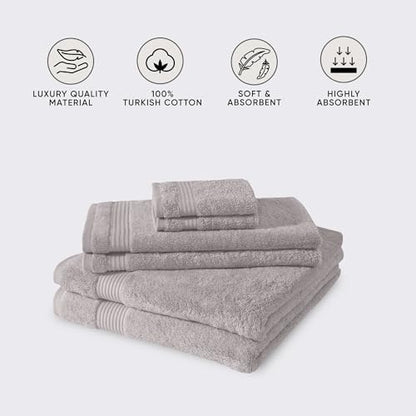 CTT - Luxury 6 Piece Towel Set, 100% Turkish Cotton, Quick Drying, Highly Absorbent & Comfy, Includes 2 Bath Towels, 2 Hand Towels & 2 Washcloths | (Light Grey) - color: Light Grey, size: 6-Piece Towel Set