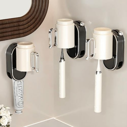 Toothbrush Holder Wall Mounted with Toothpaste Holder & Detachable Cup - Removable Suction Cup in Bathroom Sink, Shower - Space Saving, Ventilation Design for Family, Renters - color: Black-1 Cup