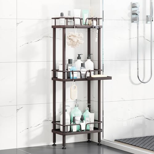 HapiRm Standing Corner Shower Caddy - 3 Tier Corner Shower Organizer with Soap Holder, Rustproof Stainless Steel Bathroom Shelf with 4 Hooks, Bronze - color: Bronze
