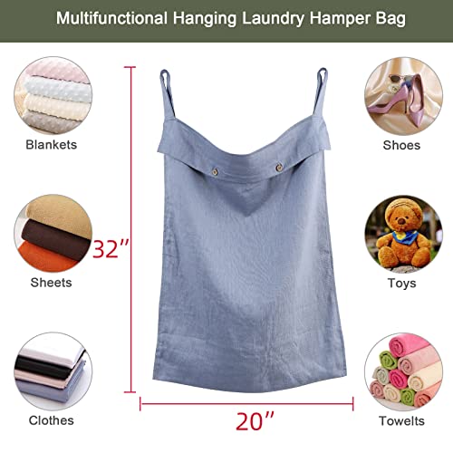 Linen Hanging Laundry Bag, 100% Linen Over The Door Laundry Hamper with Buttons and Zipper, Space Saving Door Hampers for Laundry Dirty Clothes Home Travel, Blue - color: Blue