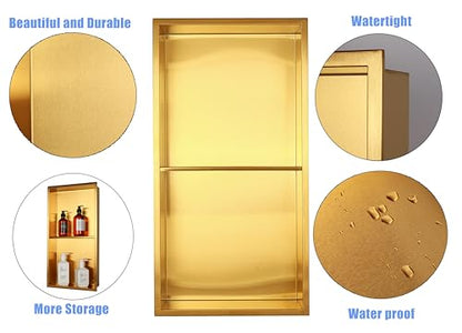 Non Tile Tube Niche Boxes for Showers,Bathroom Niche Double Shelves,Stainless Steel(Gold, 24 * 12 in) - color: Gold, size: 24 * 12 in