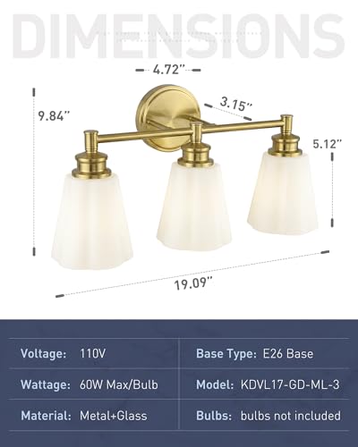 kudos 3-Light Brushed Gold Vanity Light, Milk White Glass Shade | 19" bathroom light fixtures over mirror, upward or downward, E26 base, bulbs not included, Hardwired, KDVL17-GD-ML-3 - size: 3-Light