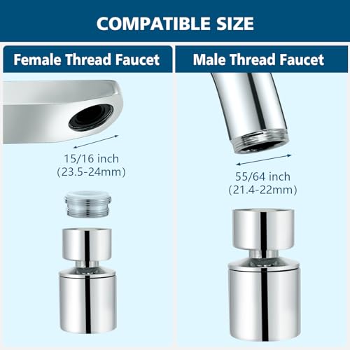 Swivel faucet aerator, 360° Swivel Kitchen Faucet Aerator, Dual-function 2-Flow Sprayer Faucet Head Replacement Kitchen Sink Faucet 55/64 inch Female Thread Faucet Extender (Chrome-1) - color: Chrome-1