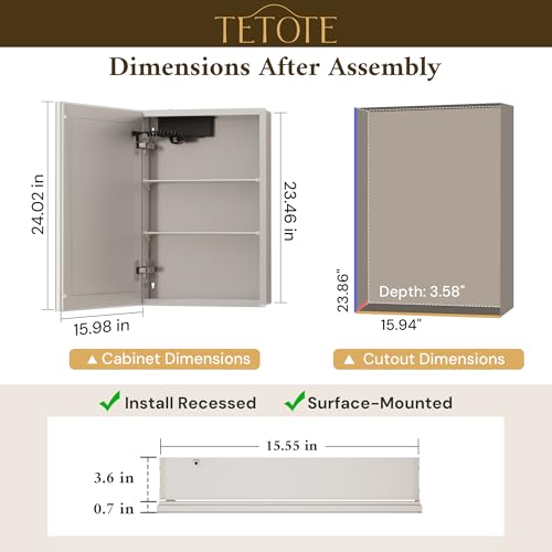 TETOTE 16 x 24 Lighted Bathroom Medicine Cabinet with Adjustable Shelves, Silver Aluminum Cabinet, Anti-Fog Stepless Dimmable 3 Colors White/Warm/Natural, Easy to Install(Wall Mount/Recessed) - color: Silver, size: 24"L x 16"W