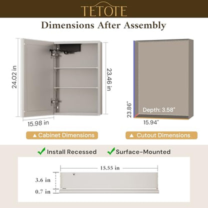 TETOTE 16 x 24 Lighted Bathroom Medicine Cabinet with Adjustable Shelves, Silver Aluminum Cabinet, Anti-Fog Stepless Dimmable 3 Colors White/Warm/Natural, Easy to Install(Wall Mount/Recessed) - color: Silver, size: 24"L x 16"W