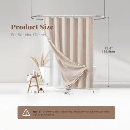 BTTN 3 in 1 Shower Curtain with Liner, Tan Boho Linen Striped Cloth Shower Curtain Set with Plastic Hook, Farmhouse Bohemian French Country Waterproof Fabric Shower Curtain for Bathroom, Taupe, 72x72 - color: Taupe With Liner, size: 72"W x 72"L (Pack of 1