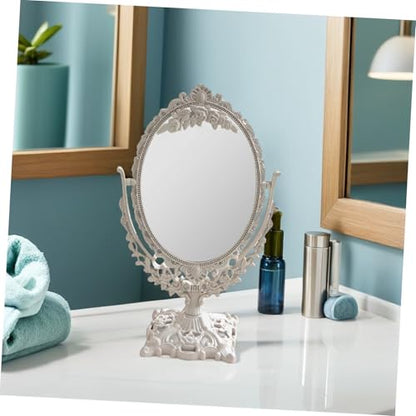1pc Double Sided Princess Mirror Cosmetic Mirror Princess Makeup Round Stand Lighted Girl Makeup Antique Tabletop Vintage Stand Wheat Straw Beige