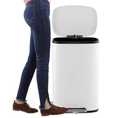 happimess Connor 2-Piece Stainless Steel Trash Can, Cotton White | 13.2 and 1.3 Gallons, Rectangular, Soft-Close Lid, Fingerprint Resistant, Step Pedal, 20 Liners, 26" and 12" Height - color: White