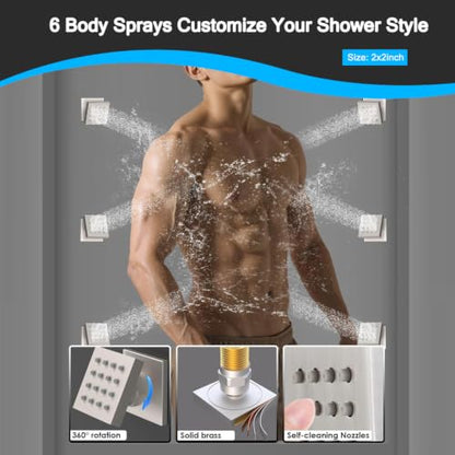 Full Body Dual Heads Rain Shower System with Jets Can Run Together | 4-way Thermostatic Digital Shower Faucets Set, 12" + 6" Tilted Shower + 6 Body Sprays + Handheld, Brushed Nickel - color: Brushed Nickel, style: 12” + 6" + 6 Jets