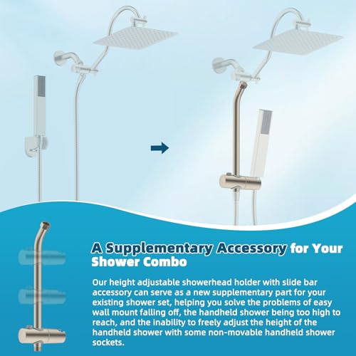 Hibbent Shower Slide Bar with Handheld Shower Head Holder, Stainless Steel Shower Arm Extension Sliding Bar, Height & Angle Adjustment Showerhead Holder, Brushed Nickel - color: Brushed Nickel