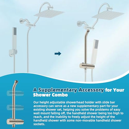 Hibbent Shower Slide Bar with Handheld Shower Head Holder, Stainless Steel Shower Arm Extension Sliding Bar, Height & Angle Adjustment Showerhead Holder, Brushed Nickel - color: Brushed Nickel