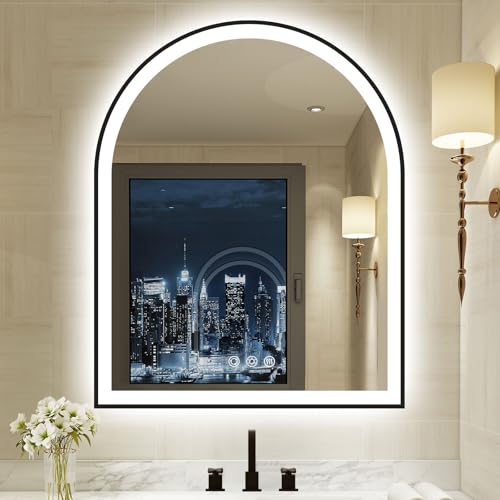 30.1"x36.1" Arched LED Lighted Bathroom Mirror with Lights | Black Aluminum Frame, Fogless, Dimmable, Shatterproof, Touch Sensor, 3 Color Changing - color: Black, size: 36.1"L x 30.1"W
