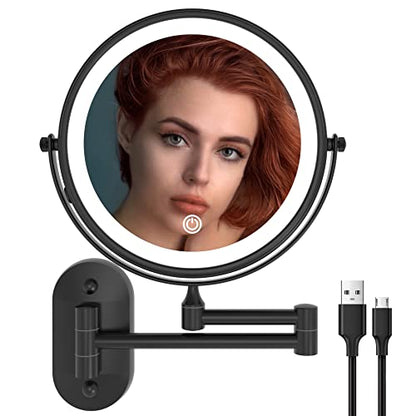 Ruacq Wall Mounted Makeup Mirror with 3 Lights, 1X/10X, Matte Black | Rechargeable Adjustable Brightness, Stainless Steel, Round, Gift for Mom, Women, Wife, Girls, Dorm Room Essential - color: Round Black