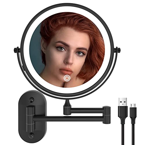 Ruacq Wall Mounted Makeup Mirror with 3 Lights, 1X/10X, Matte Black | Rechargeable Adjustable Brightness, Stainless Steel, Round, Gift for Mom, Women, Wife, Girls, Dorm Room Essential - color: Round Black