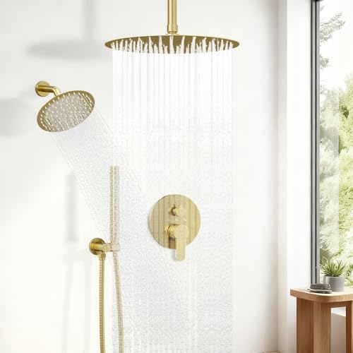 Shower Systems Shower Faucet Sets STARBATH 3 Way 12+6" Round Dual Rainfall Shower Head with Handheld Spray Combo, Ceiling Mounted Rain Shower Valve with 5 Diverter and Trim Kit Complete, Brushed Gold - color: Brushed Gold, size: 6+12 inch-04